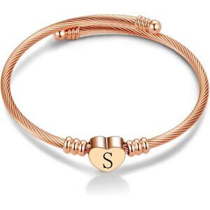 Rose Gold Initial Heart Letter Cuff Bracelet Adjustable Expandable Womens Gift
